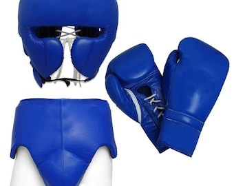 Custom Made Boxing Gloves, Groin Guard, Head Gear, Made Of Premium Quality Leather, Blue Color