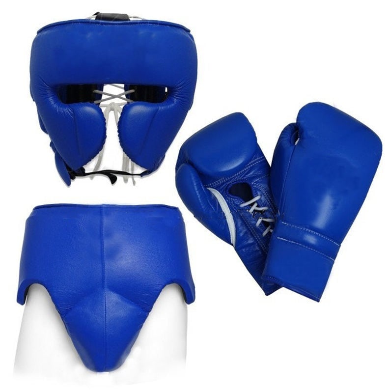 May include: Blue boxing headgear, gloves, and groin protector. The headgear has a padded front and ear protection. The gloves have white laces. The groin protector has a padded front and back.
