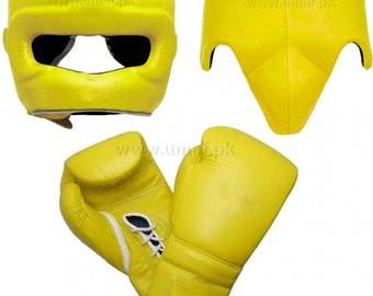 Custom Made Boxing Gloves, Groin Guard, Head Gear, Made Of Premium Quality Leather, Lemon Color