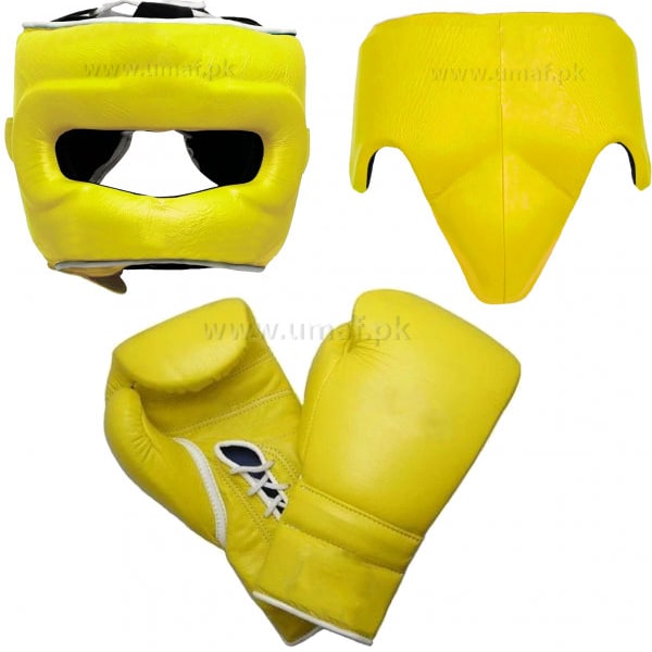 Custom Made Boxing Gloves, Groin Guard, Head Gear, Made Of Premium Quality Leather, Lemon Color