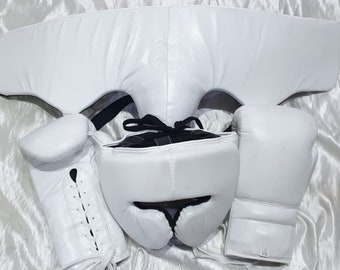 Custom Made Boxing Gloves, Groin Guard, Head Gear, Made Of Premium Quality Leather, White Color