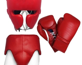 Custom Made Boxing Gloves, Groin Guard, Head Gear, Made Of Premium Quality Leather, Red Color