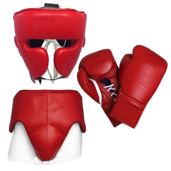 Custom Made Boxing Gloves, Groin Guard, Head Gear, Made Of Premium Quality Leather, Red Color