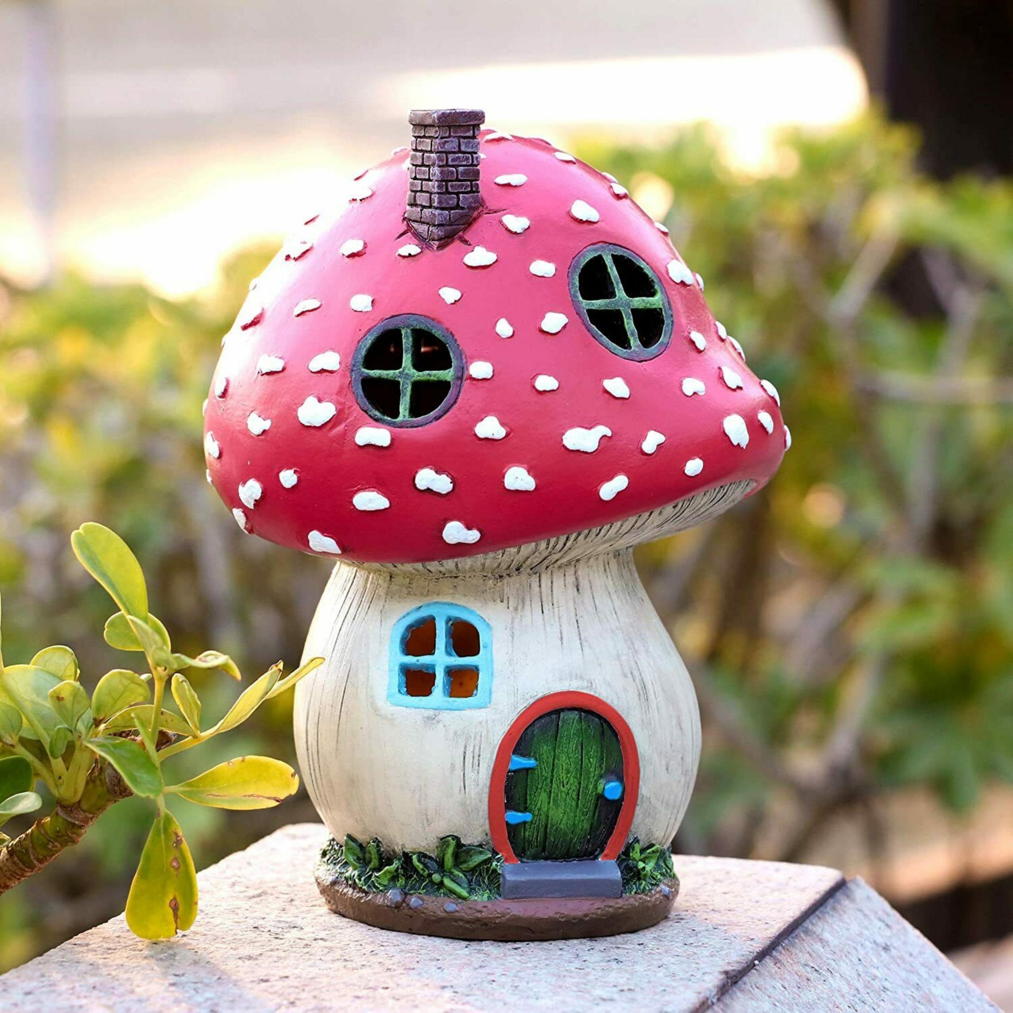 Mushroom Fairy Garden Cottage Figurines Sculpture Solar House Statue Accessories 