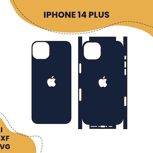 May include: A black and white illustration of two iPhone 14 Plus phone cases. The cases are designed to fit the phone's shape and have cutouts for the camera, buttons, and charging port.