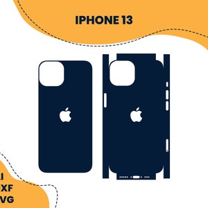 May include: A black iPhone 13 phone case with a white Apple logo. The case is shown next to a template for a phone skin.
