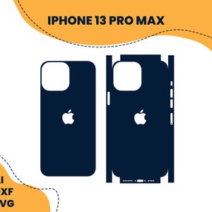 Może przedstawiać: Czarno-biała ilustracja szablonu etui na telefon iPhone 13 Pro Max. Szablon zawiera aparat telefonu, przyciski i logo.