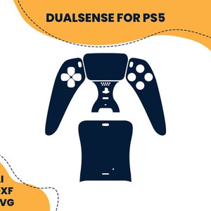 May include: A black and white illustration of a DualSense controller for the PS5. The controller is shown in a disassembled state, with the front and back panels separated. The text "DUALSENSE FOR PS5" is displayed above the image.