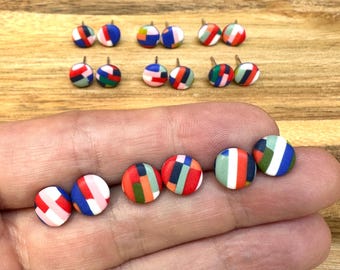 8mm Polymer Clay Stud Earrings: Rainbow Stripe Mini Circle Studs