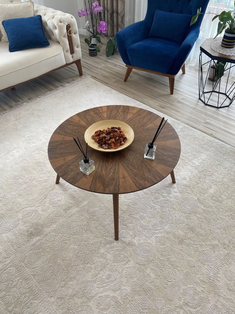 Wooden Round Walnut Coffee Table Mid Century Modern Coffee Etsy