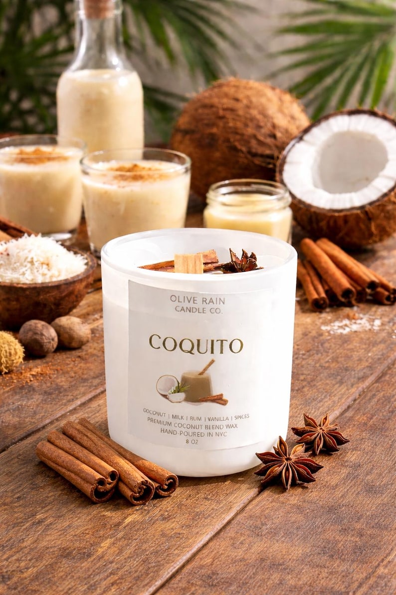 Może przedstawiać: Biała świeca z napisem "COQUITO", laski cynamonu, anyż gwiazdkowaty i kokos. Na etykiecie świecy wymieniono składniki: kokos, mleko, rum, wanilia i przyprawy.