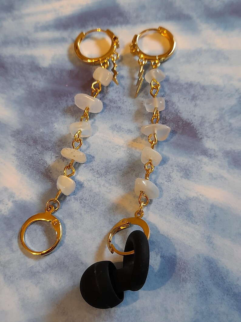 Moonstone bead loop earplug earrings - Crystal hoop and lightning charm ear plug holders - festival and gig accessory image 7