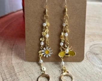 Gold bumblebee and flower loop earplug earrings - Stainless steel chain anti loss ear plug accessory - gig music festival jewellery