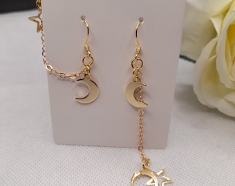 Gold moon and star loop earplug earrings, Moon and Star Anti Loss Ear Plug Earrings, starry night earrings, Anti Loss Air Pod Holder,