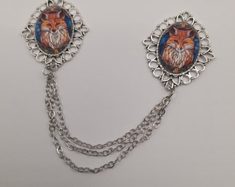 Glass fox collar pin with chain - double brooch pin - blouse collar accessory - shirt collar chain accessory - triple chain sweater clip