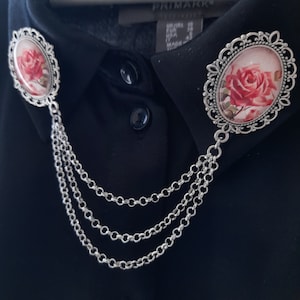 Roses collar pin with chain - floral double brooch pin - blouse collar accessory - shirt collar chain accessory - triple chain sweater clip
