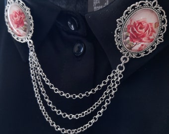 Alfiler de cuello de rosas rosas con cadena, broche doble floral, accesorio de cuello de blusa, accesorio de cadena de cuello de camisa, clip de suéter de cadena triple