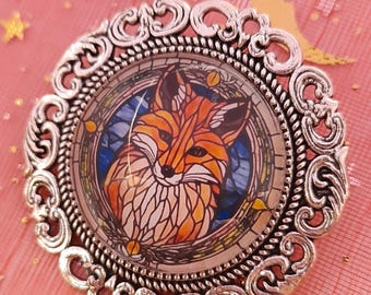 Stained glass fox brooch badge - 35mm silver ornate cabochon frame pin with velvet pouch - Autumn nature jewellery - fall accessory