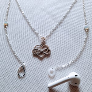 Infinity Heart Pendant chain necklace, loop earplug jewellery, air pod chain anti loss, air pod accessory, infinity silver earplug chain,