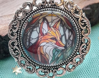 Stained Glass Woodland Fox Brooch: Victorian Silver Cloak Pin