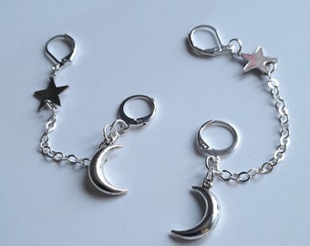 Silver crescent moon and star loop earplug earrings - celestial chain anti loss ear plug accessory - gig music festival jewellery