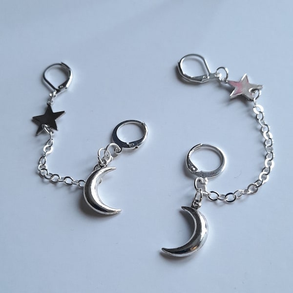 Silver crescent moon and star loop earplug earrings - celestial chain anti loss ear plug accessory - gig music festival jewellery