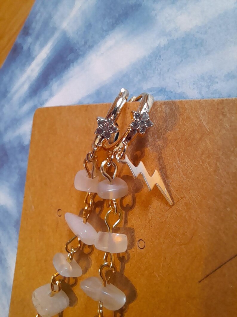 Moonstone bead loop earplug earrings - Crystal hoop and lightning charm ear plug holders - festival and gig accessory image 9