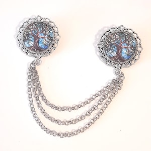 Stained glass tree collar pin and chain - double brooch - blouse collar accessory - shirt collar chain accessory - triple chain sweater clip