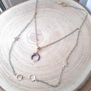 Double horn moon and stars rainbow chain loop earplug necklace -