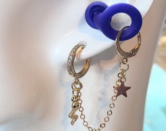 Diamante Dainty Snake Huggie Hoop Loop Earplug Earrings - Gold or Platinum chain earplug holder