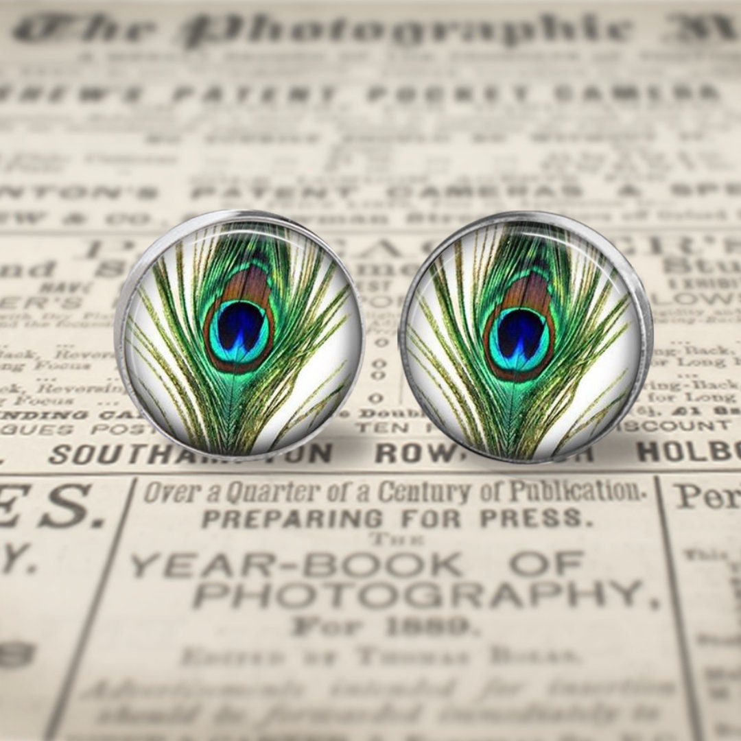 Peacock feather cufflinks - Available in Antique Bronze, platinum or Silver settings - mens wedding jewellery - stag night accessory -