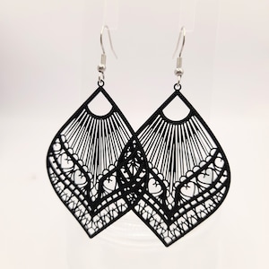 Black boho filigree earrings - silver stainless steel hooks and lightweight black pendant - large teardrop statement earrings - gothic -