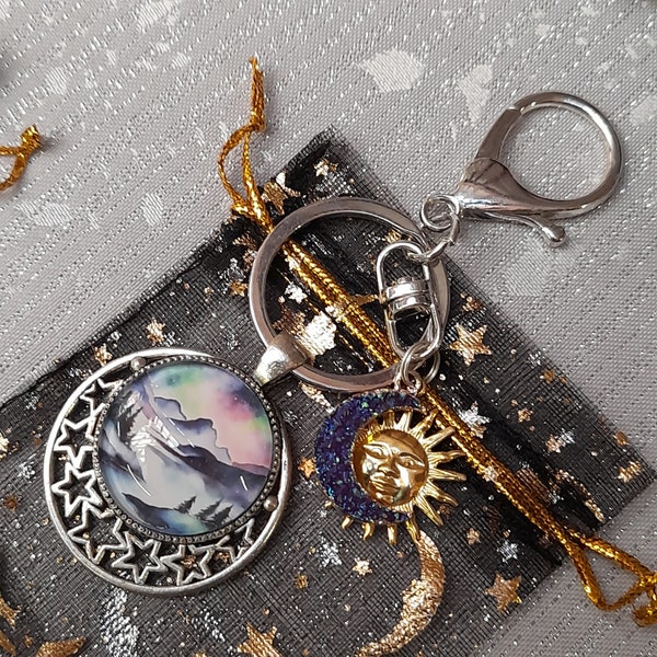 Northern Lights Aurora Borealis pendant keyring or bag charm with dangling sun and moon charms, secret santa gift, gift under 10 pound,