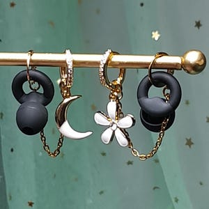 Gold moon flower loop earplug earrings - secure hoops - festival jewellery
