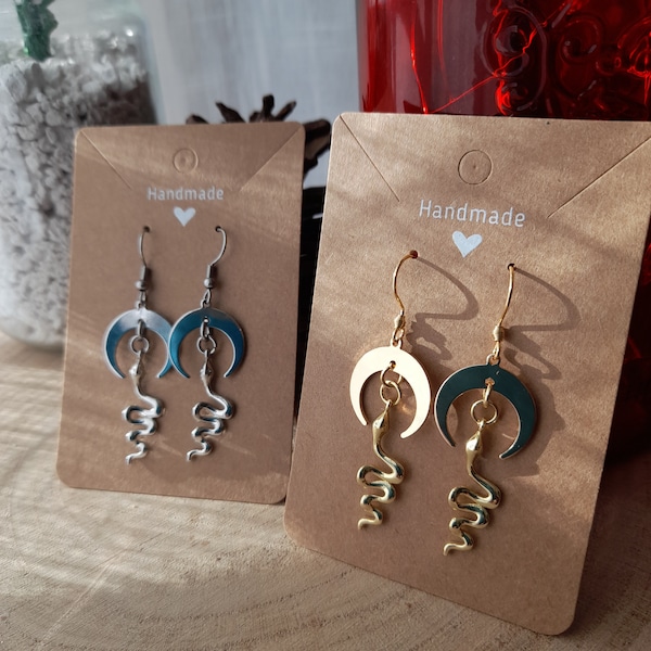 Gold or silver luna snake earrings stainless steel wire horned crescent moon, celestial jewellery gift, moon earrings with gift pouch,