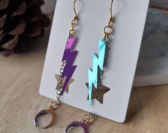 ピンクとティール色の稲妻のループ型耳栓イヤリング