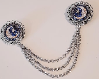 Glass crescent moon collar pin with chain - double brooch - blouse collar accessory - shirt collar chain accessory -  3 chain sweater clip
