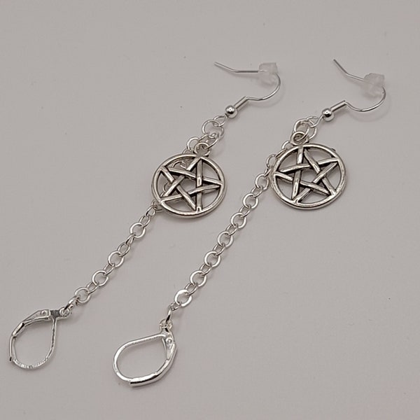 Pentagram pendant loop earplug earrings - goth safety chain jewellery for airpod and wireless earphone - music festival gig earplug chain -