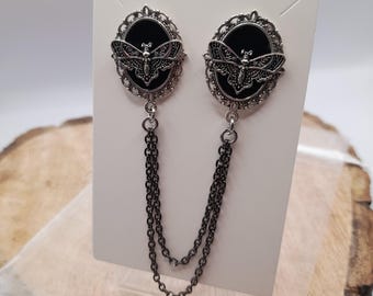 Silver moth collar chain - double brooch cardigan clip - shirt collar accessory -
