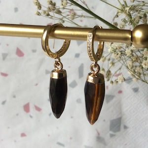 Tiger&#39;s Eye Huggie Hoops, Gold Hoop Earrings with gemstone charms, Tiger&#39;s Eye bullet pendant earrings, Elegant Jewellery Gift for Her,