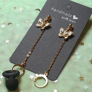 Gold stud loop earplug earrings - butterfly charms with detachable chain