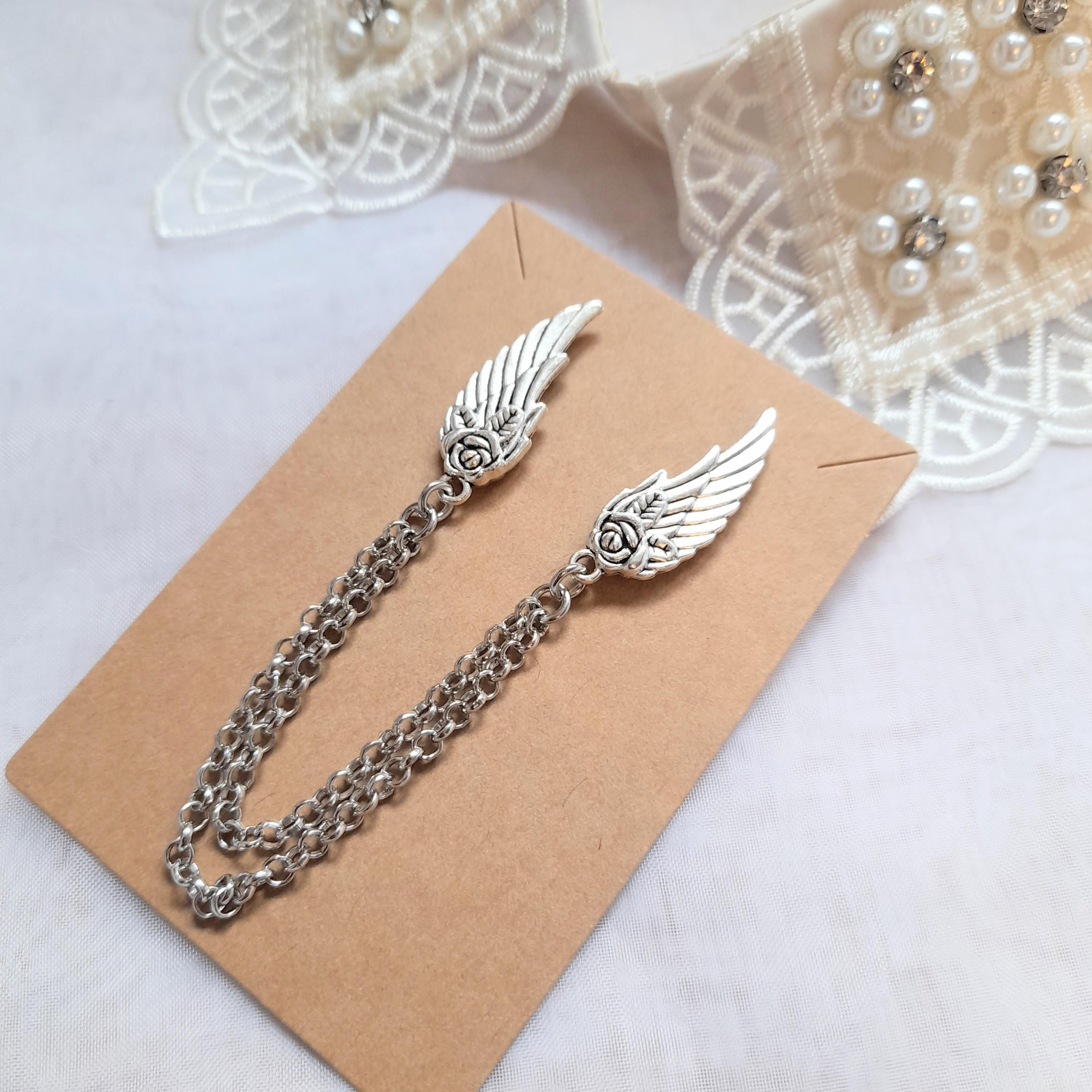 Angel rose wing collar chain - double brooch cardigan clip - wing pins with chain - shirt collar accessory - clasp for cloak -
