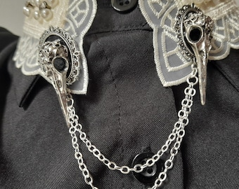 Gothic Raven Skull Double Brooch with Chain - Dark Jewellery - Occult Pin - Vintage Inspired Skull Brooch - Alternative Fashion Accessory