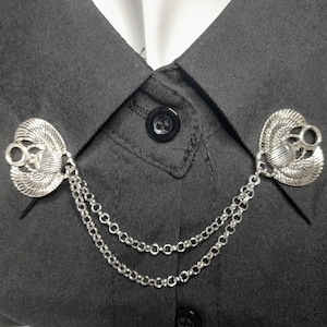 Egyptian scarob beetle collar chain - double brooch cardigan clip - beetle pins with chain - shirt collar accessory - clasp for cloak -