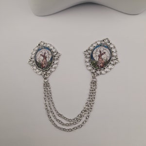 Hare and moon collar pin with chain - double brooch pin - blouse collar accessory - shirt collar chain accessory - triple chain sweater clip