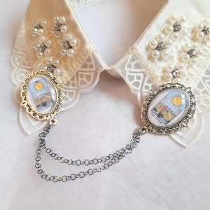 Moon tarot card collar pin with chain - double brooch pin - blouse collar accessory - shirt collar chain accessory - chain sweater clip