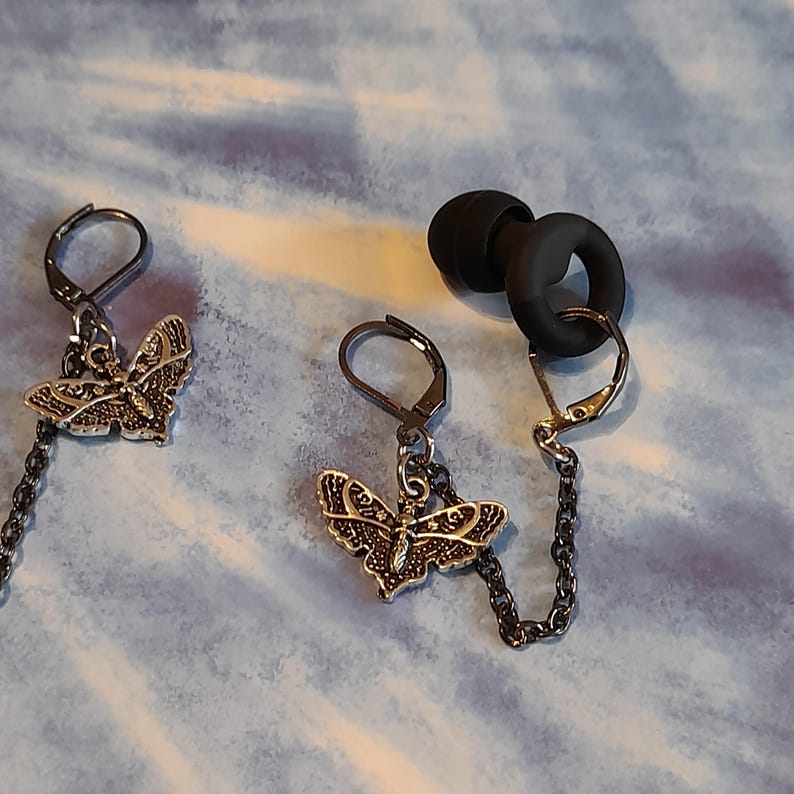 Gunmetal grey moth loop earplug earrings - secure hoops - festival jewellery image 4