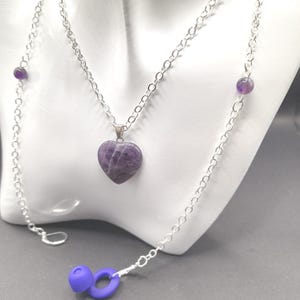 Amethyst heart pendant necklace with holders for loop earplugs or wireless earphones
