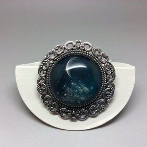 Crescent moon pin brooch - 35mm silver ornate frame and gift pouch - jewellery gift for new beginnings and female empowerment - waxing moon