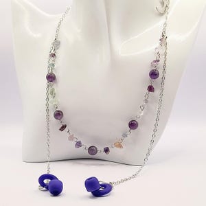 Fluorit Kette Loop Ohrstecker Halskette - Ohrstecker Halter Schmuck - Fluorit Splitter und runde Perlen an dunkler Silberkette mit Ohrstecker Clips -